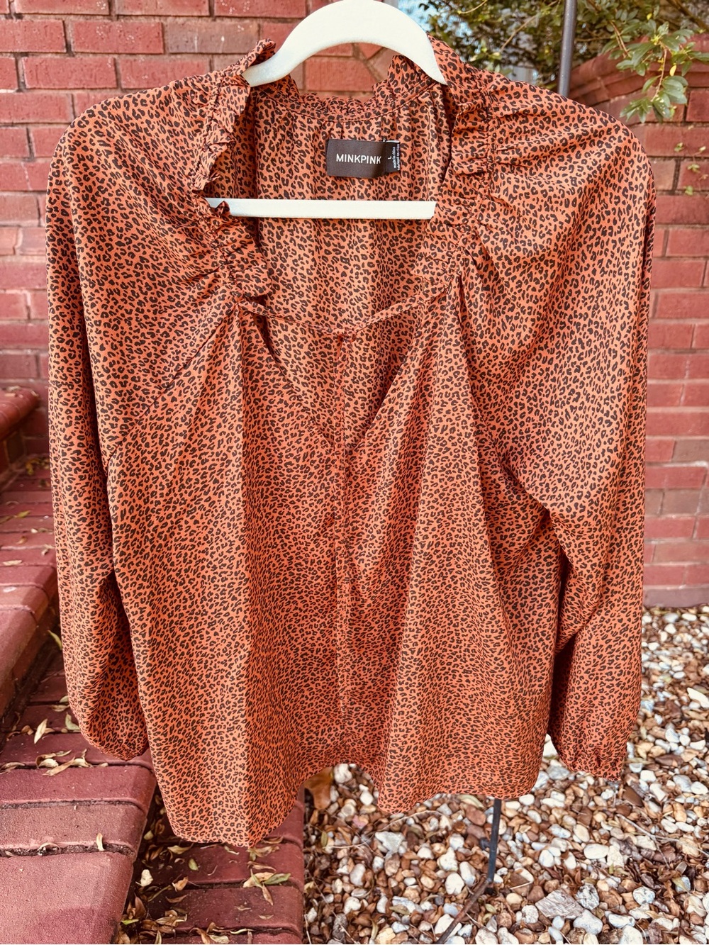 MINKPINK Large Leopard Print Blouse Ruffle Neck Tie Front Puff Sleeve